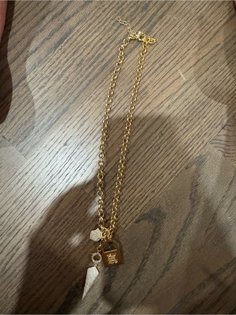 Gold-Tone Charm Necklace with Lock and Crystal Point
